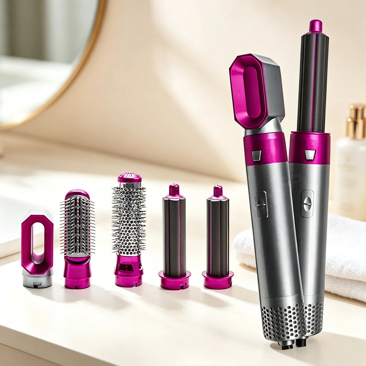 Ensemble de coiffure 5-en-1, kit multifonctionnel comprenant un sèche-cheveux, un fer à friser, une brosse à air chaud, une brosse lissante et divers accessoires pour créer diverses coiffures